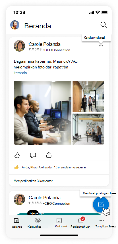 Gambar layar beranda di aplikasi seluler Viva Engage