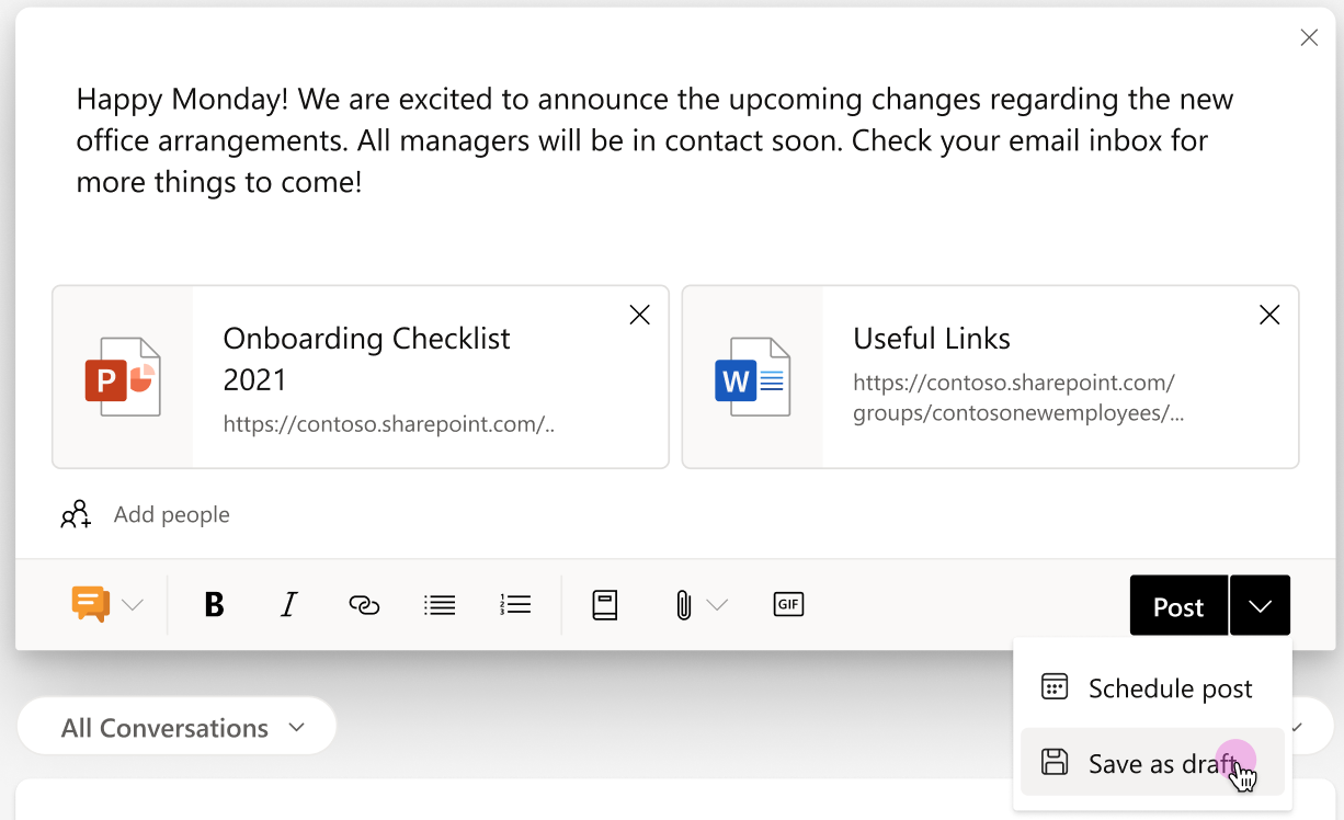Cuplikan layar memperlihatkan opsi simpan dan jadwal dari menu Postingan.