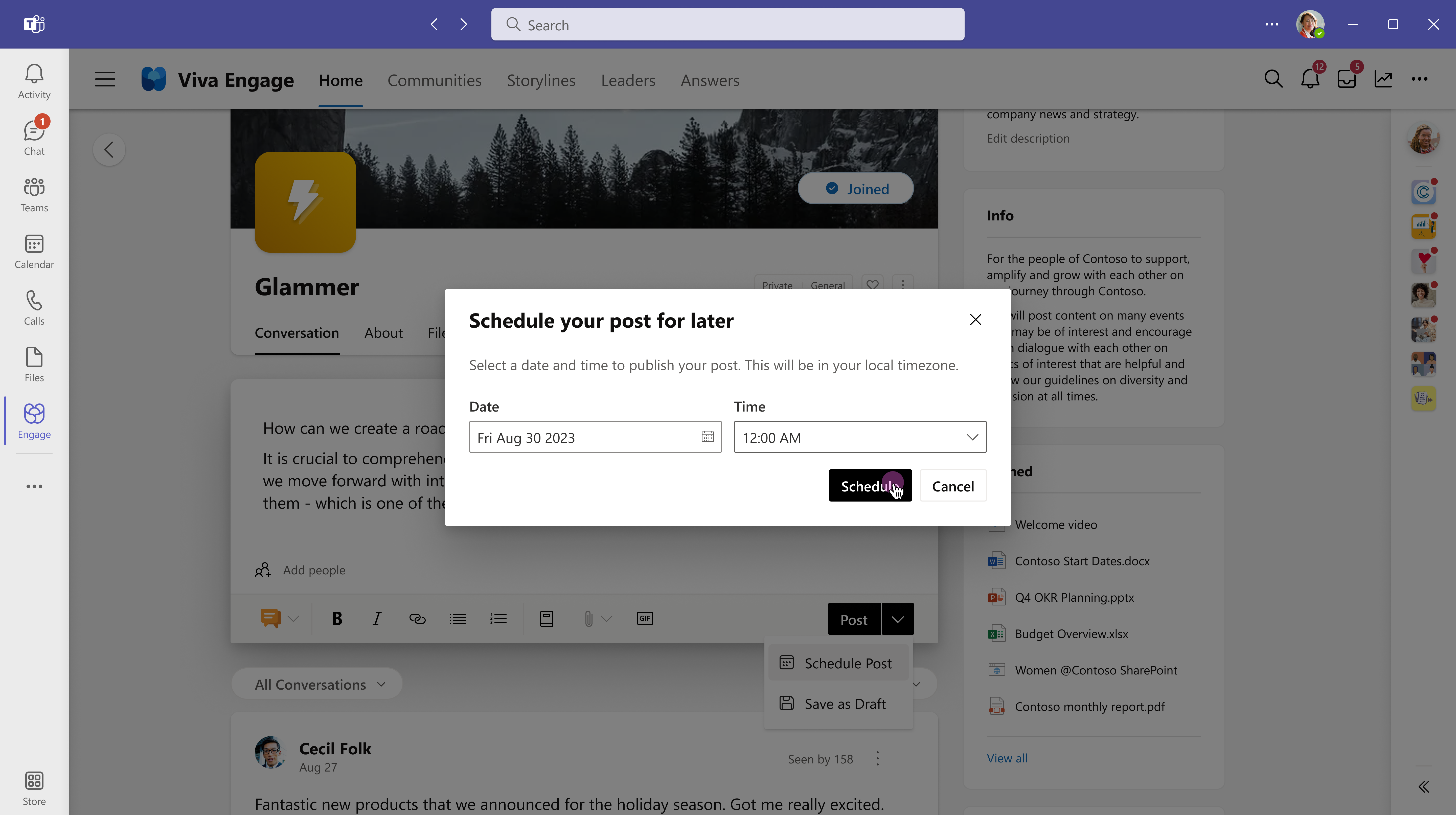 Cuplikan layar menu tanggal dan waktu untuk menjadwalkan postingan Anda.