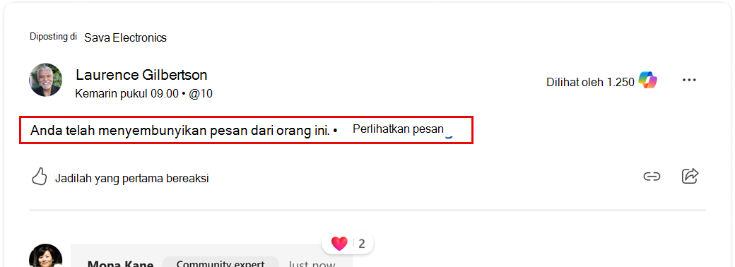 Hasil dari menyembunyikan pesan pengguna
