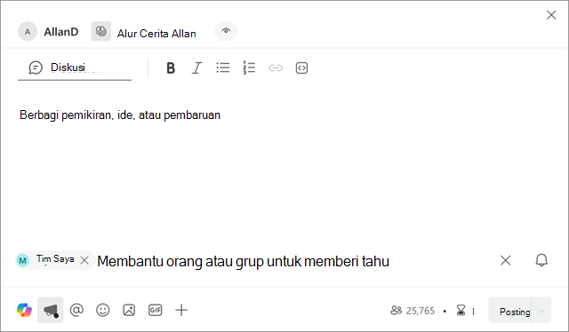 Cuplikan layar memperlihatkan tempat Tim Saya disajikan dalam pengumuman alur cerita baru