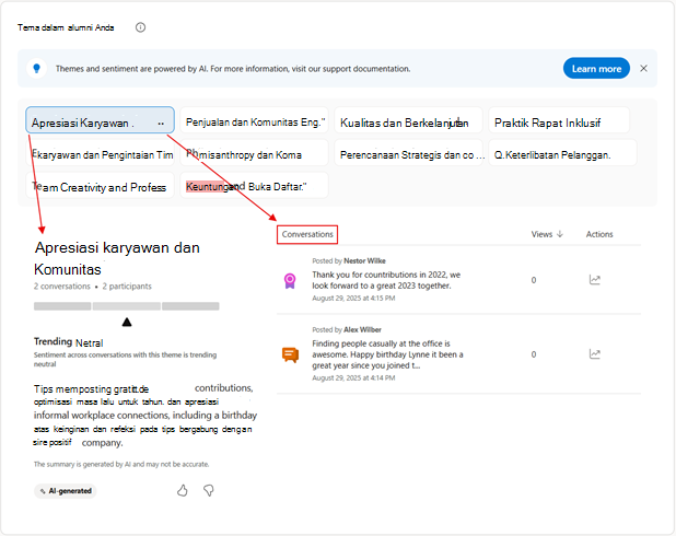 analitik Engage dapat memanfaatkan kapabilitas AI untuk memberikan wawasan tingkat tinggi untuk masalah dan nilai yang paling penting bagi audiens Anda