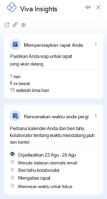 Cuplikan layar yang memperlihatkan panel samping untuk add-in Viva Insights Outlook, yang berisi beberapa kartu wawasan