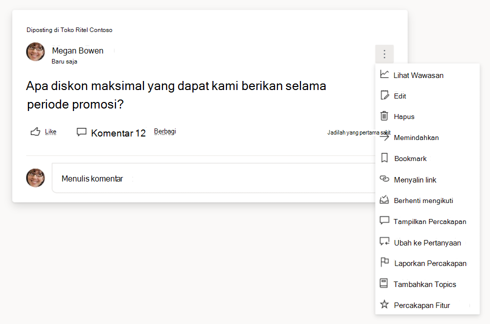 Cuplikan layar memperlihatkan opsi pertanyaan dan percakapan