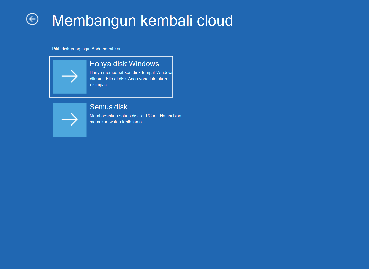 Cuplikan layar layar pembuatan ulang Cloud hanya dengan disk Windows dan opsi Semua disk.