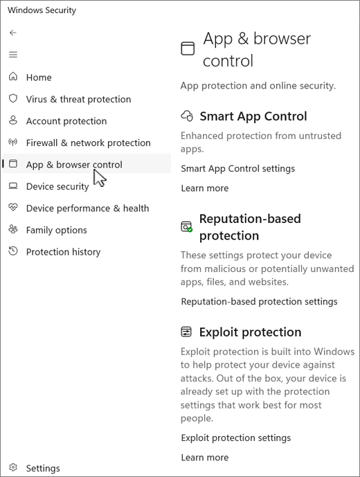 Cuplikan layar halaman kontrol aplikasi dan browser dari aplikasi Keamanan Windows.