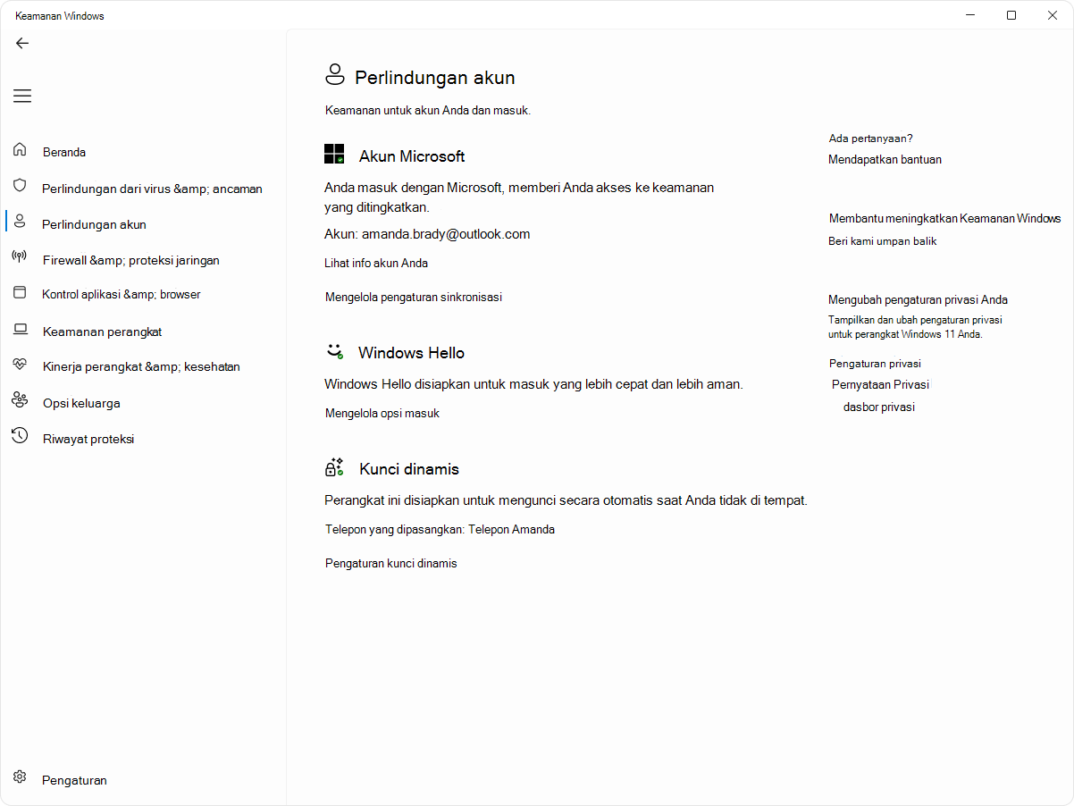 Cuplikan layar halaman proteksi akun aplikasi Keamanan Windows.