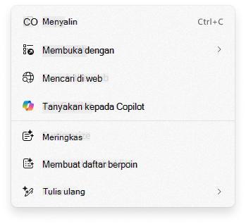 Cuplikan layar menu konteks Klik untuk Dilakukan dengan Tanyakan ke Copilot