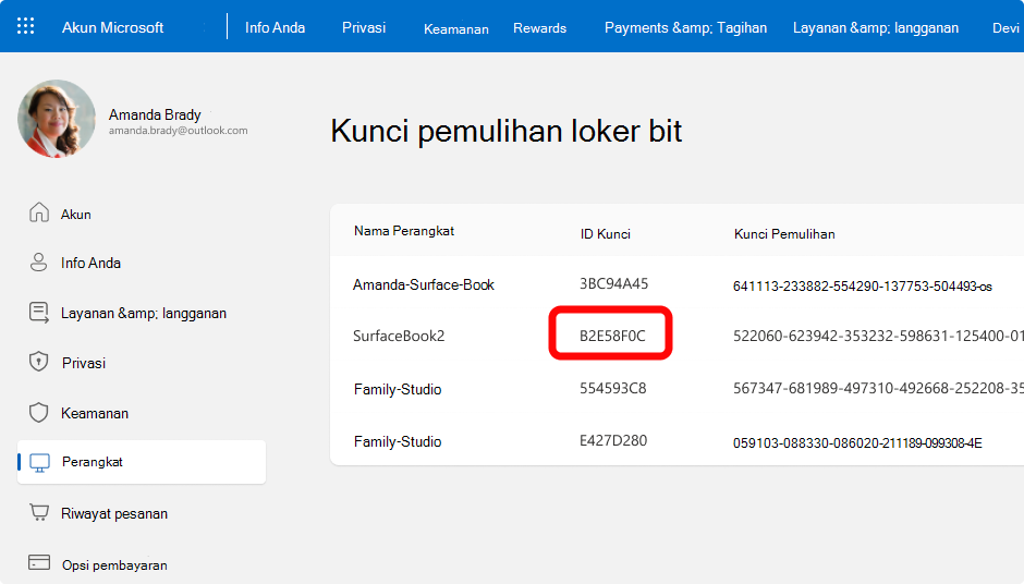 Cuplikan layar kunci pemulihan BitLocker untuk akun Microsoft.