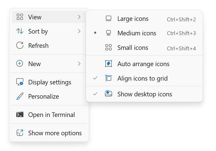 Cuplikan layar menu kontekstual di desktop yang muncul saat Anda mengklik kanan.