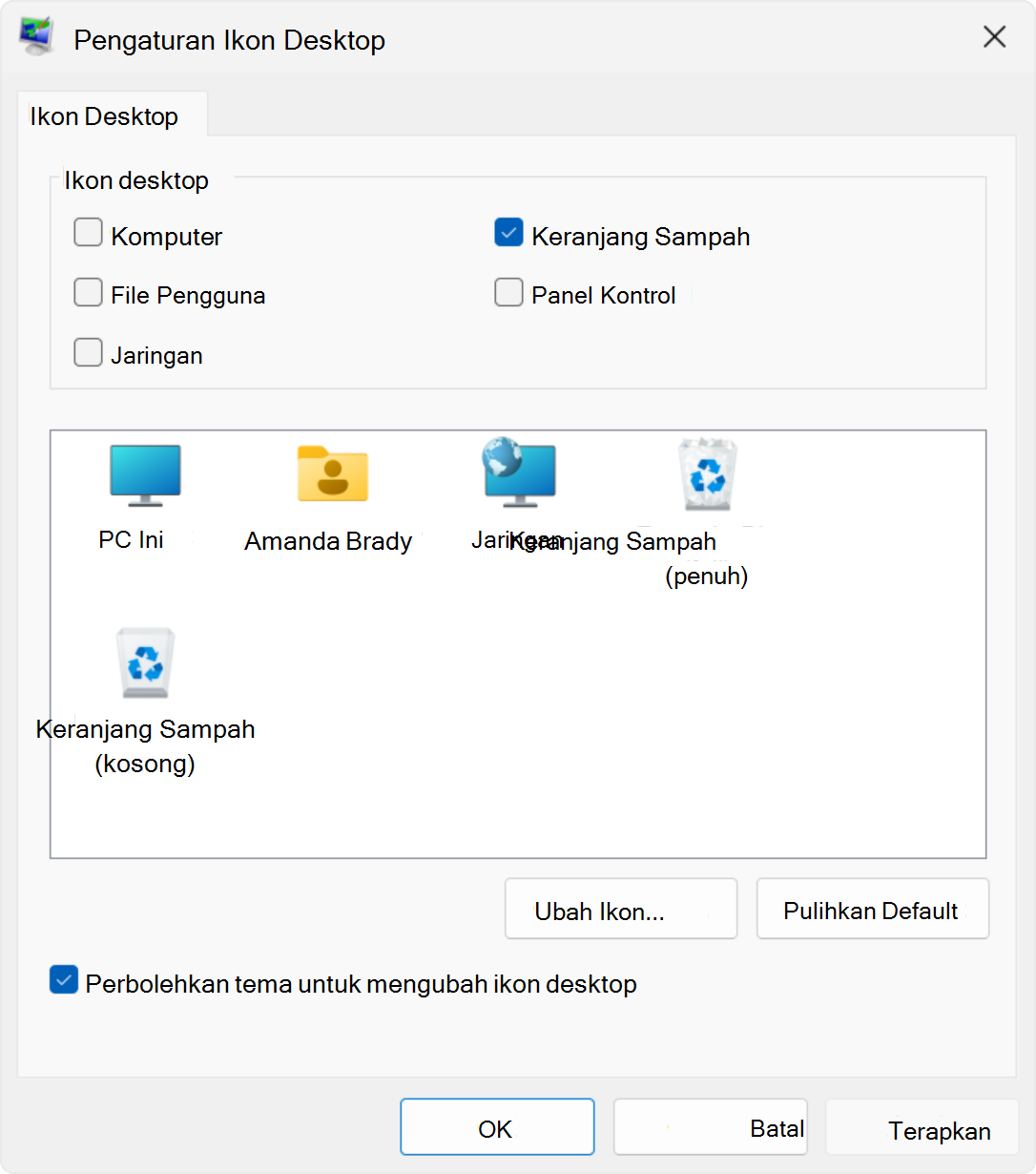 Cuplikan layar pengaturan ikon desktop di Windows.