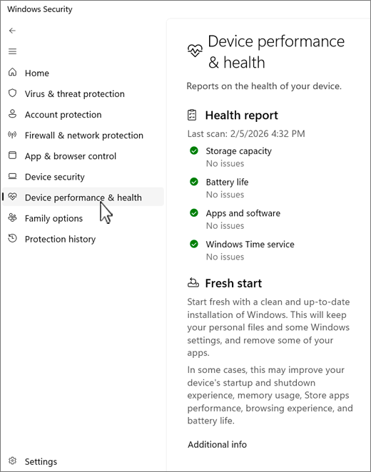 Cuplikan layar halaman perangkat dan kinerja aplikasi Keamanan Windows.