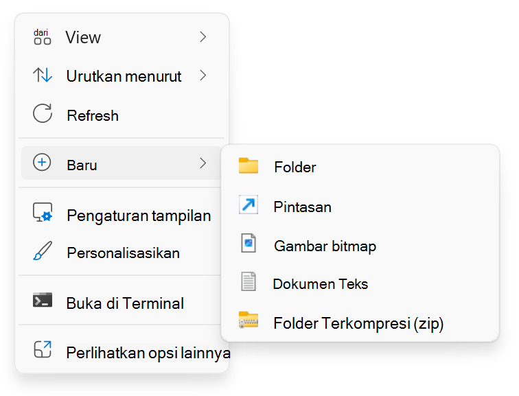 Cuplikan layar klik > kanan Baru.