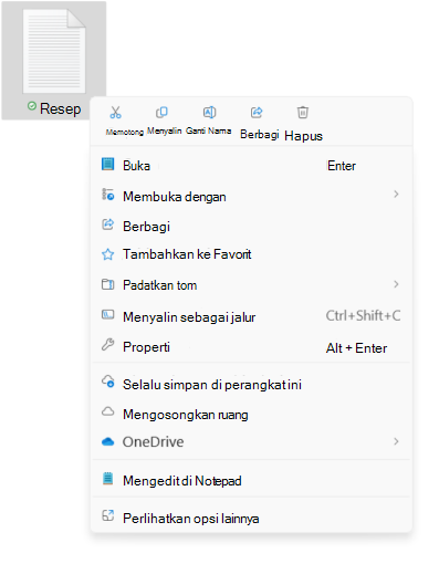 Cuplikan layar menu kontekstual file yang memperlihatkan opsi potong/salin/ganti nama/bagikan/hapus yang baru.