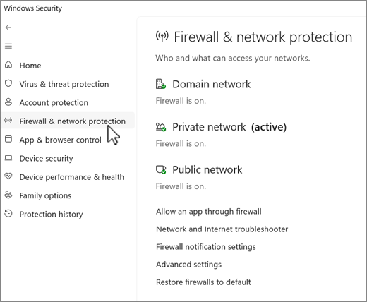 Cuplikan layar halaman Firewall dan Perlindungan Jaringan aplikasi Keamanan Windows.