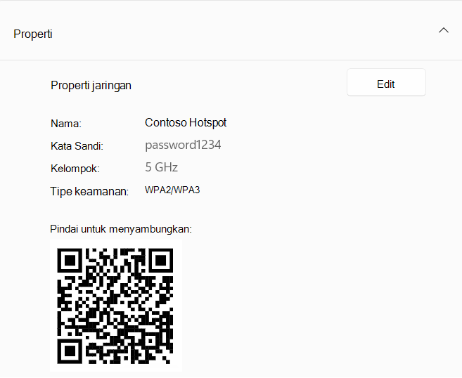 Cuplikan layar kode QR yang digunakan untuk menyambungkan ke perangkat Windows yang berfungsi sebagai hotspot.