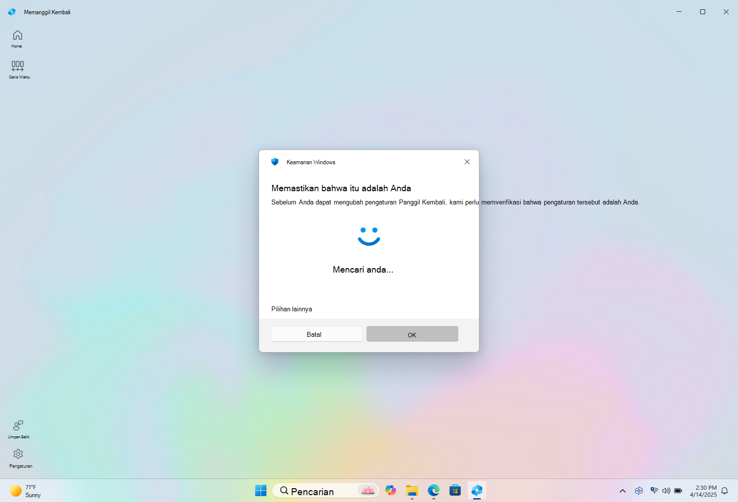 Cuplikan layar autentikasi untuk Diingat dengan Windows Hello