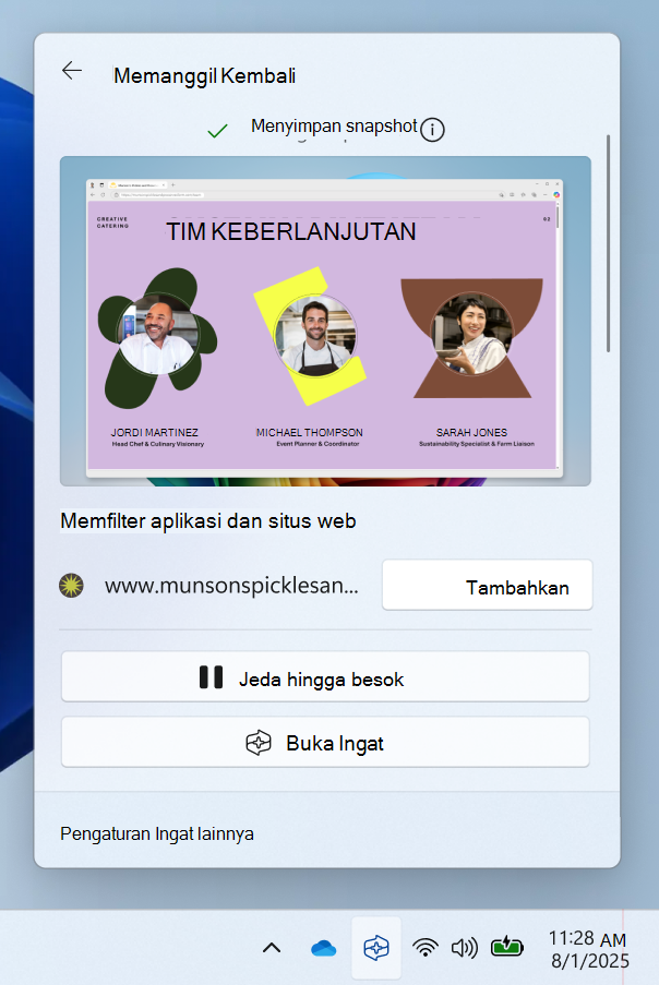 Cuplikan layar pengaturan cepat dari ikon Ingat baki sistem