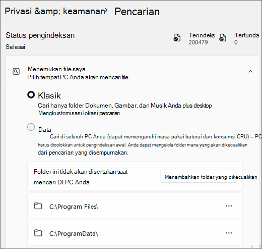 Cuplikan layar memperlihatkan Pengaturan Pencarian Windows.