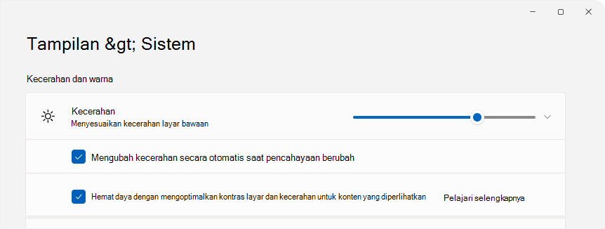 cuplikan layar Pengaturan yang memperlihatkan kontrol kecerahan.