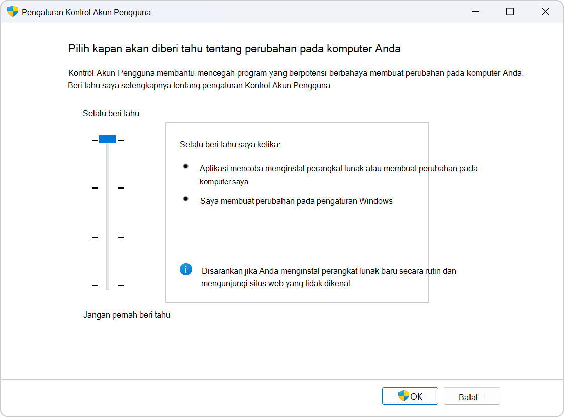 Screenshot of the settings to configure UAC.