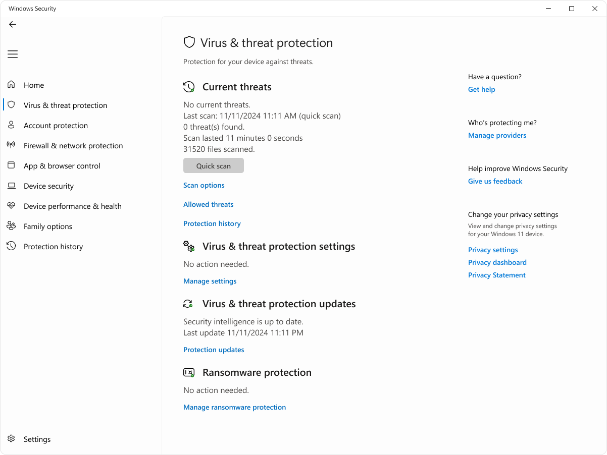 Cuplikan layar halaman perlindungan virus dan ancaman aplikasi Keamanan Windows.