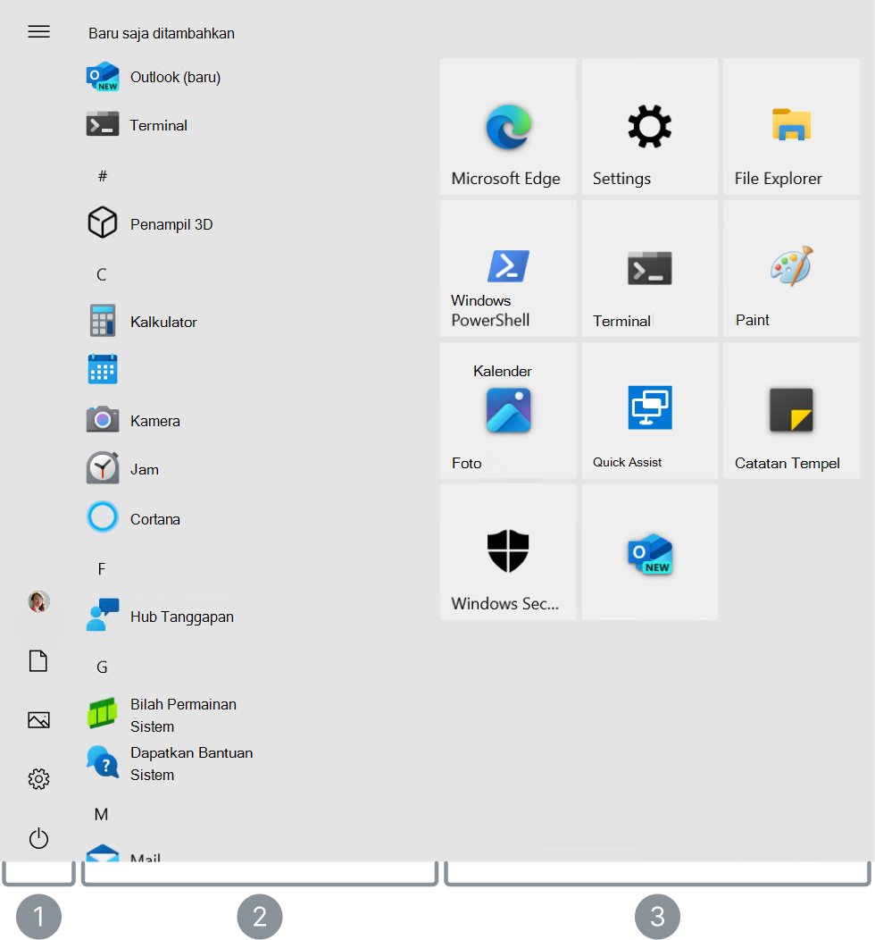 cuplikan layar menu Mulai Windows 10 dengan 3 area utama disorot.