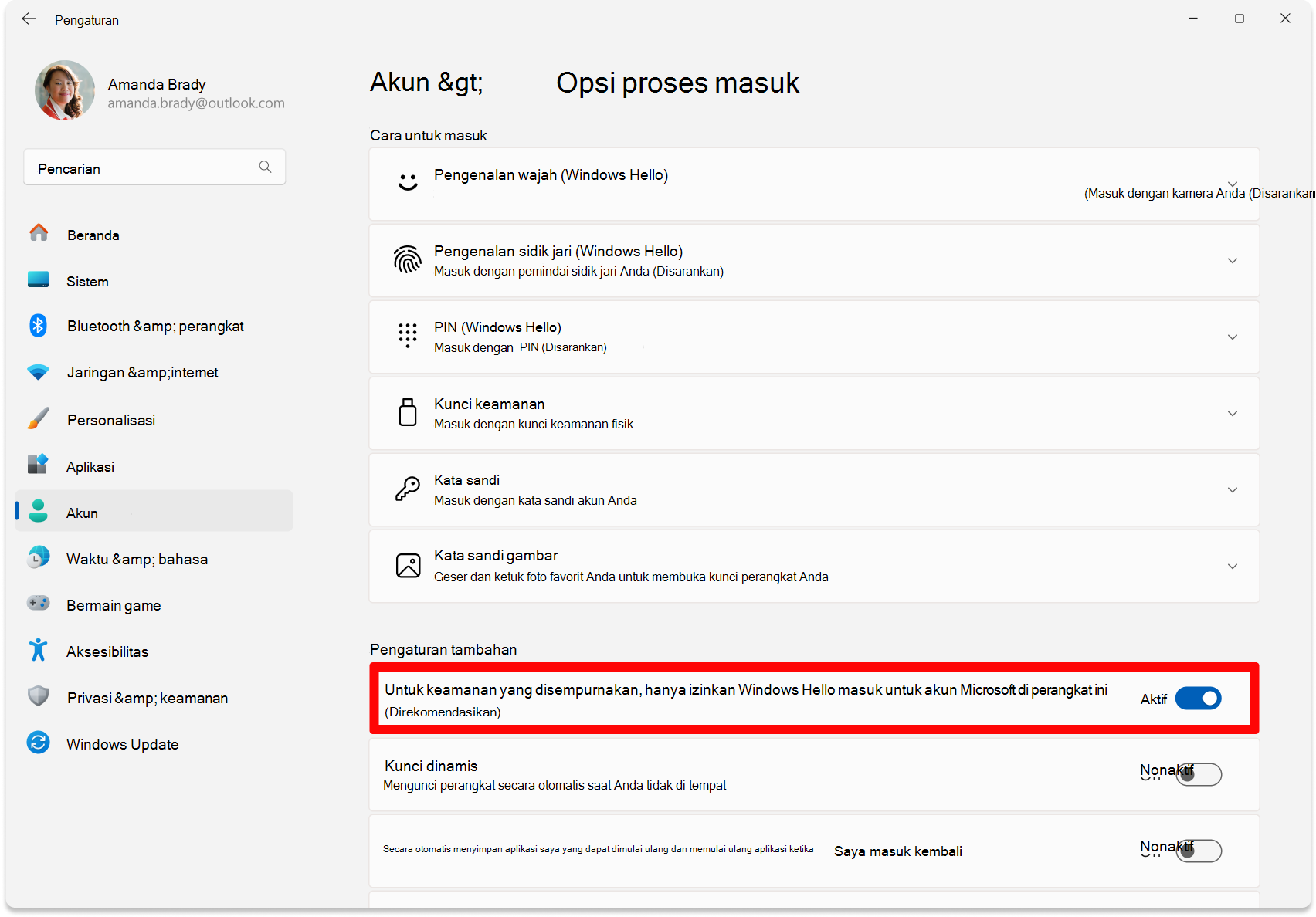 Screenshot of Settings - toggle to configure passwordless turned on.