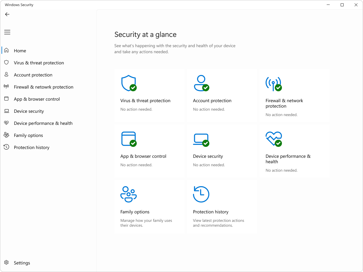 Cuplikan layar Keamanan Windows - panel Beranda.