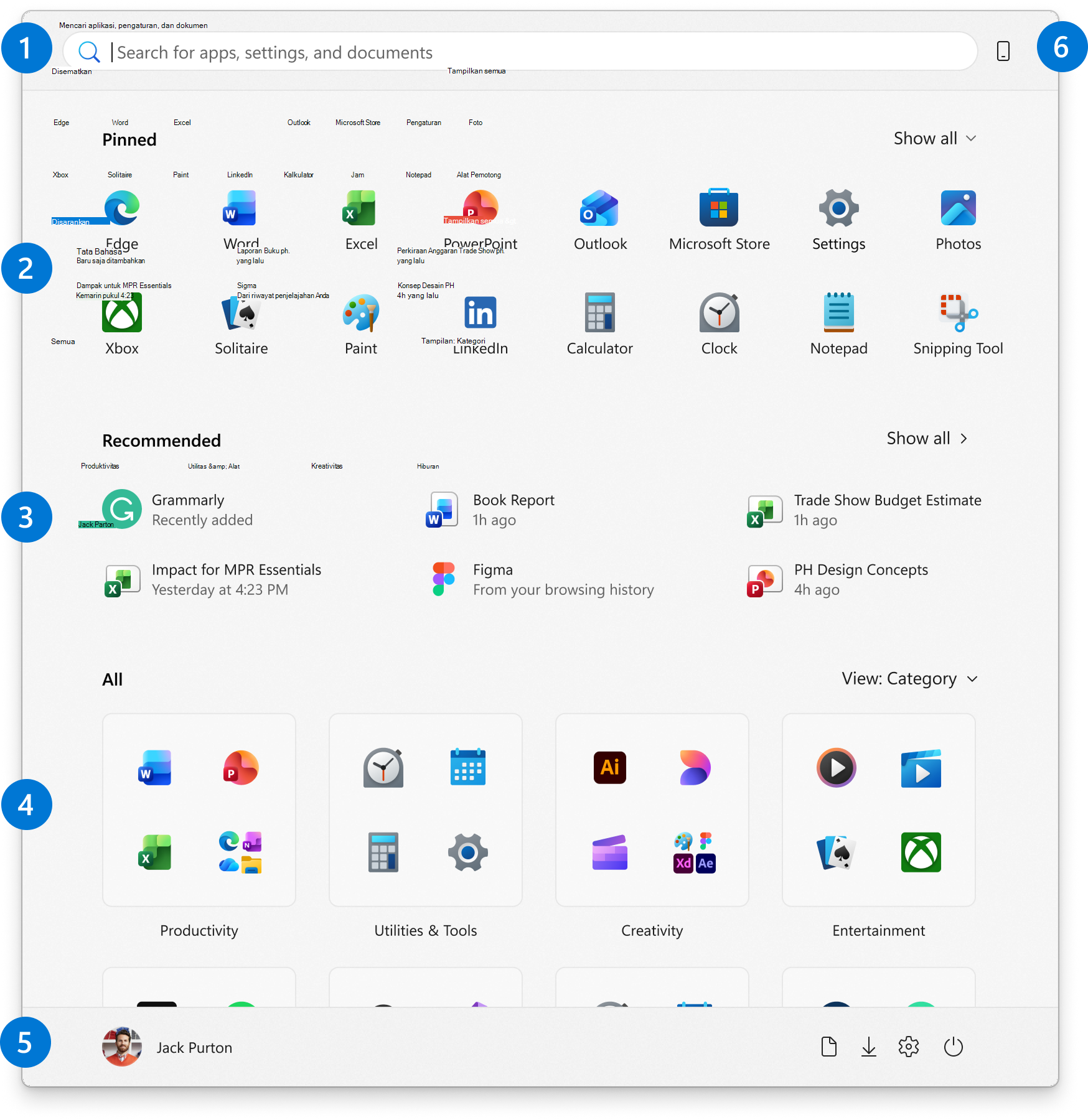 Cuplikan layar Menu Mulai Windows