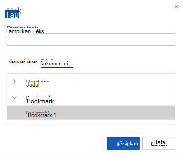 Panel pilihan bookmark