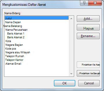 Kotak dialog Kustomisasi Daftar Alamat