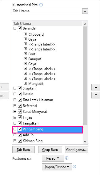 Mengaktifkan tab Pengembang pada pita Word