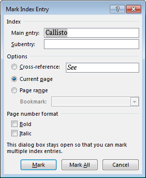 Kotak dialog Menandai Entri Indeks