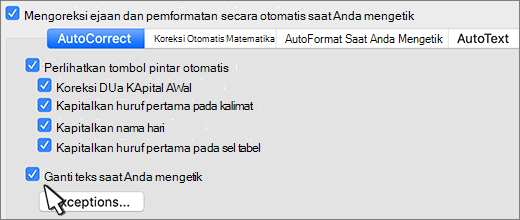 Word untuk mac mengganti teks saat Anda mengetikkan kotak centang.
