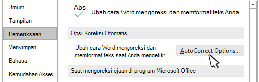 Tombol opsi Koreksi Otomatis pada dialog Pemeriksa Ejaan