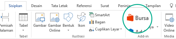 Menggunakan tombol Store pada tab Sisipkan di pita Office untuk menginstal add-in Office