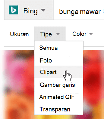 Pilih filter Tipe, lalu pilih Clipart