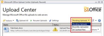 Office Upload Center memperlihatkan unggahan tertunda