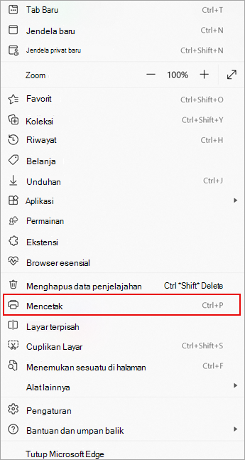 Cuplikan layar memperlihatkan perintah Cetak pada menu Lainnya di Microsoft Edge.