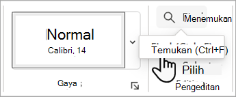 Cuplikan layar memperlihatkan perintah Temukan pada tab Beranda di Word untuk web.