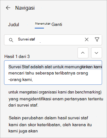 Anda dapat menggunakan perintah Temukan bersama dengan panel Navigasi untuk mencari di Word dokumen web.