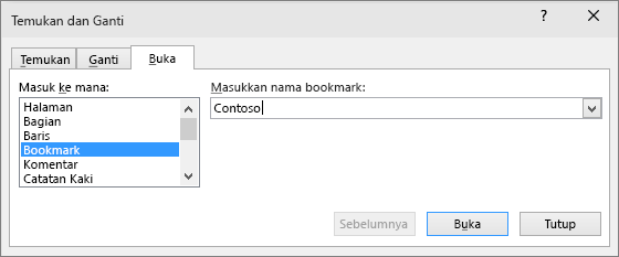 Tab Masuk ke di kotak Temukan dan Ganti diperlihatkan.
