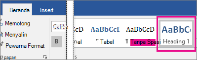 Judul 1 disorot pada tab Beranda.
