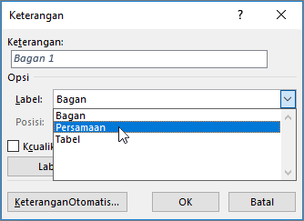 Gunakan dialog keterangan untuk mengatur opsi keterangan gambar, tabel, atau persamaan.