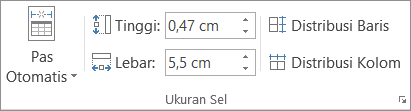 Memperlihatkan opsi dalam grup Ukuran Sel.