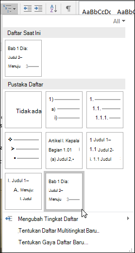 Gunakan daftar multitingkat Judul Bab untuk memformat judul bab yang akan disertakan dalam keterangan.