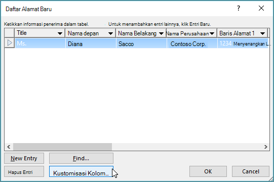 Untuk menambahkan kolom kustom ke milis Anda, klik tombol Kustomisasi kolom.