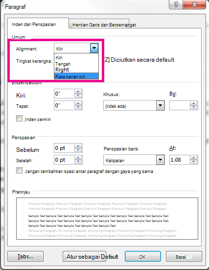 Dalam kotak dialog Paragraf, dikirimkan arah perataan.
