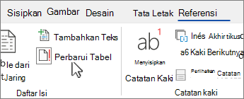 Tab Referensi memperlihatkan tombol perbarui tabel